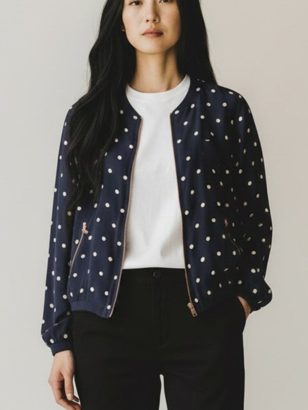 GANT Navy Blue Cream Polka Dot Bomber Jacket Full Zip Women's Size 10